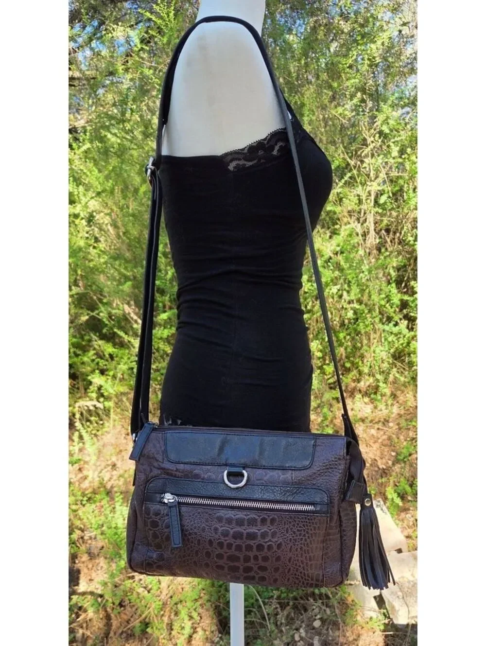 Vintage Great American Leather Works Brown Leather Crossbody Bag Croc Embossed